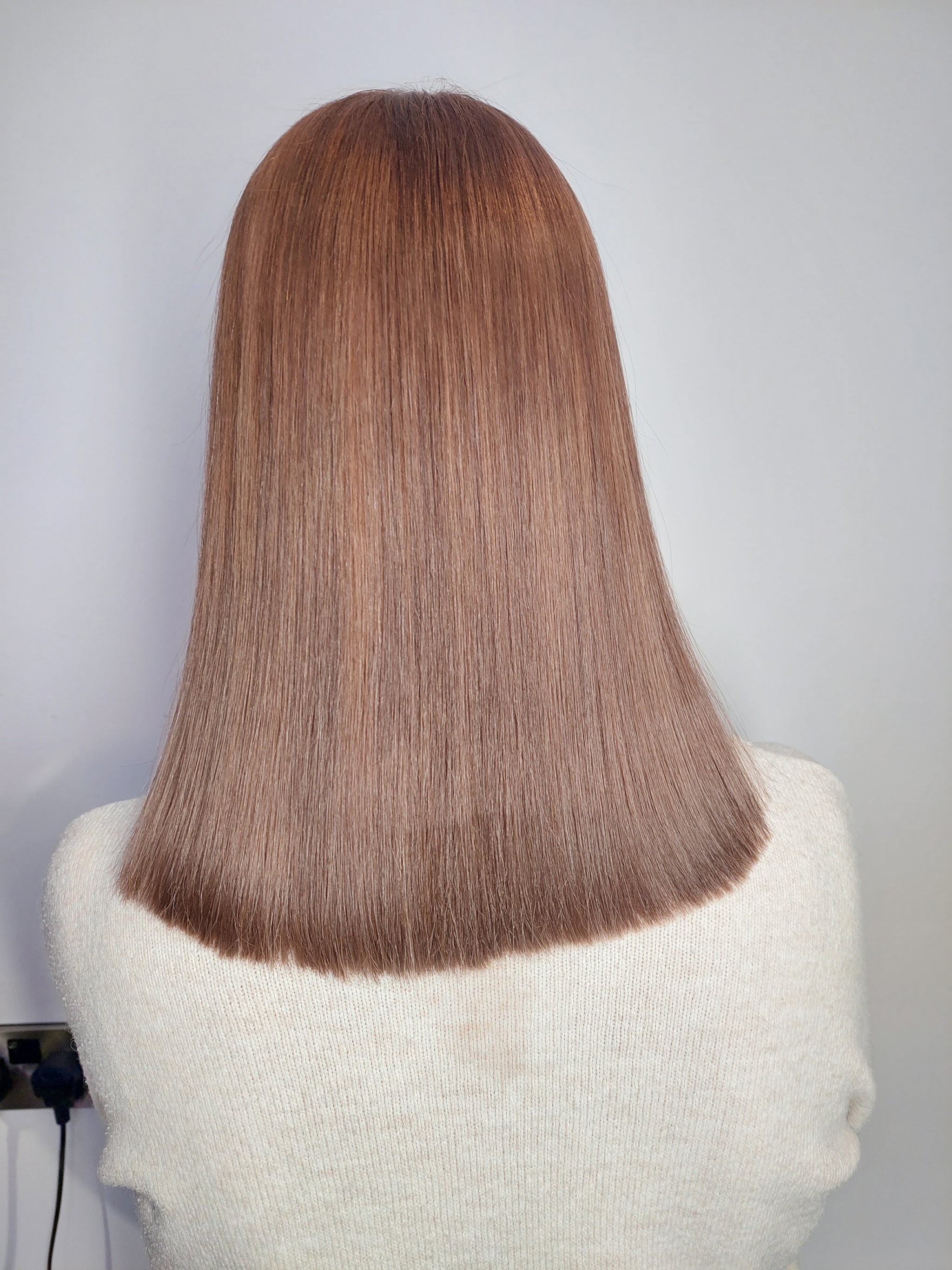 A sleek copper-brown blunt cut, seen from behind